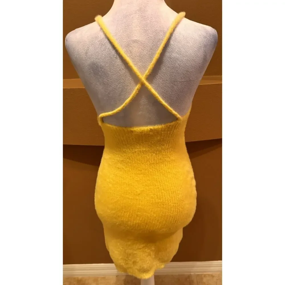 For Love & Lemons Knit Midi Dress Yellow Ribbed Bodycon Size XS